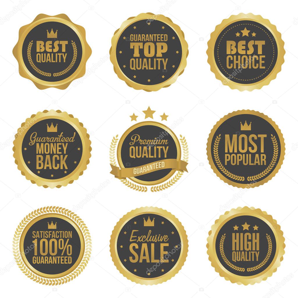 Golden metal best choice premium quality badges set isolated vector illustration