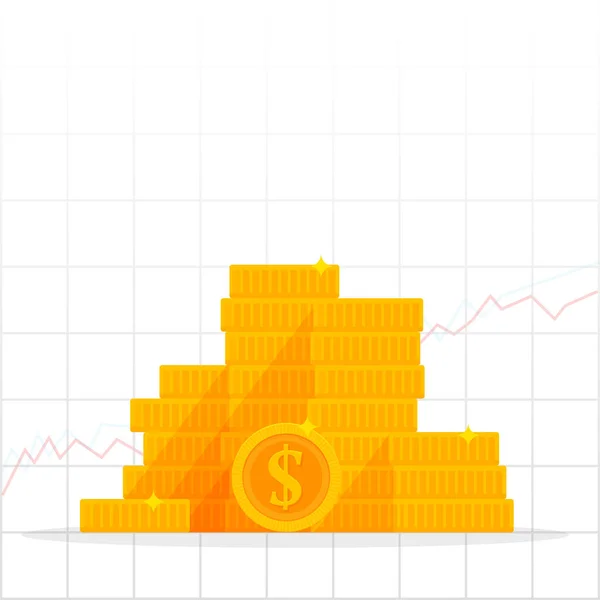 Gráfico de crecimiento con moneda de dólar de oro. Concepto de economía y finanzas empresariales. Ilustración vectorial de dibujos animados aislada sobre fondo blanco — Vector de stock