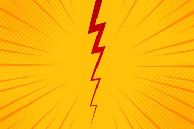 Pop art comic arka plan yıldırım patlama yarı ton noktaları. Çizgi film vektör çizim sarı
