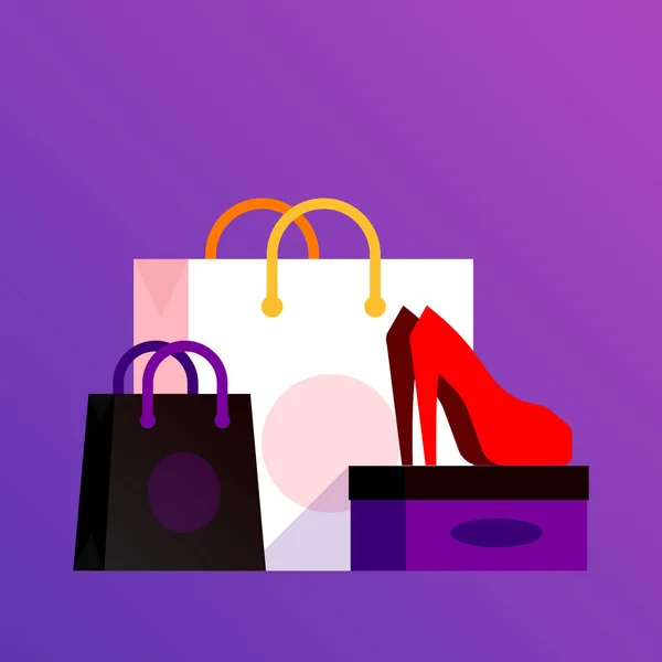 Illustrazione di scarpe e cosmetici con shopping bag in vendita — Vettoriale Stock