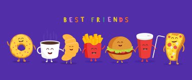 Şirin lokanta burger, soda, patates kızartması ve pizza. Tatlı kahve, kruvasan, çörek.