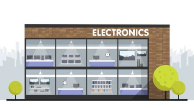 Computers and electronics store building and interior, laptops mobile phones and television screens showcase and city skyline on background clipart