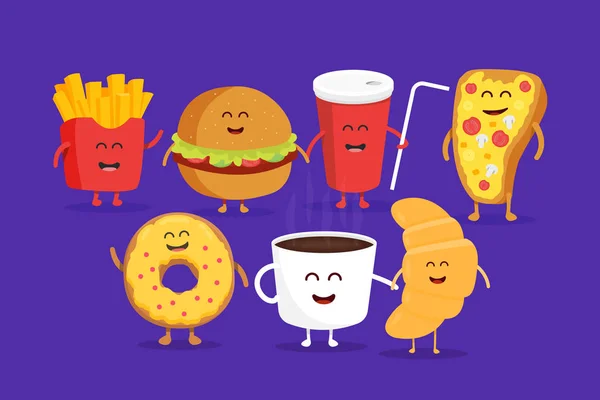 Netter Fast-Food-Burger, Limo, Pommes und Pizza. süßer Kaffee, Croissant, Donut. — Stockvektor