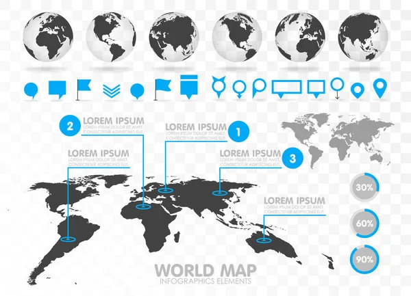 Mapa do mundo e globo 3D conjunto com elementos infográficos . —  Vetores de Stock