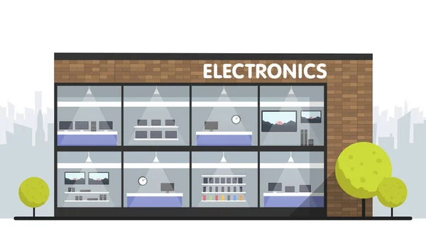 Bâtiment de magasins d'ordinateurs et d'électronique et intérieur, téléphones portables et écrans de télévision vitrine et horizon de la ville sur fond — Image vectorielle