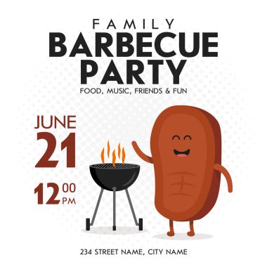 Aile Barbekü partisi davetiyesi şablonu. Şirin biftek karakter Barbekü süresi. Retro arka plan vektör çizim