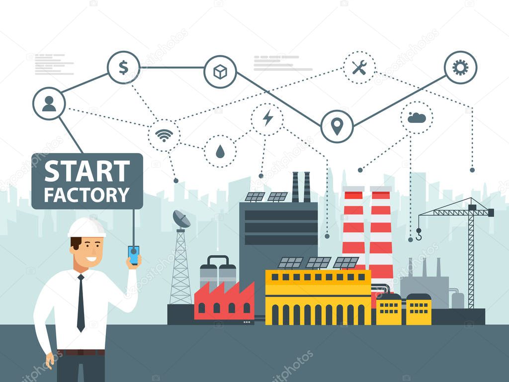 Smart factory and network icons. Engineer starting a smart plant. Smartphone online control big data. Vector illustration