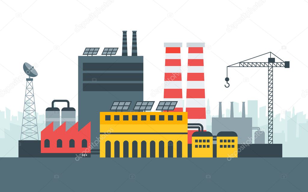 Modern ecological factory with solar panels energy. City landscape, ecological concept. Vector illustration in flat style, design template