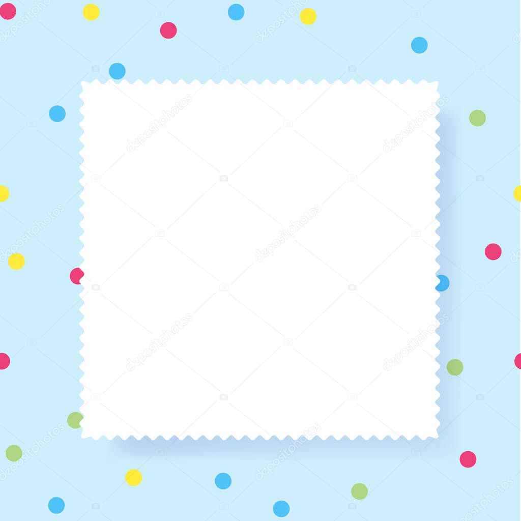 White Empty paper rectangle with copy space for text. Confetti color dots background. Vector illustration