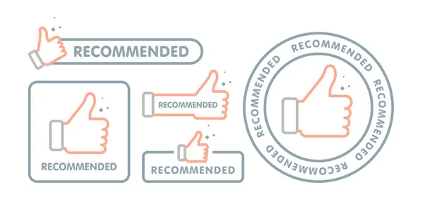 Zalecany zestaw ikon. Etykieta liniowa zalecana z kciukiem do góry. Podpisz markę z polecanym. Najlepsza metka dla świetnego Brenda. Kciuk banerowy w odosobnionym tle. Ilustracja wektora — Wektor stockowy