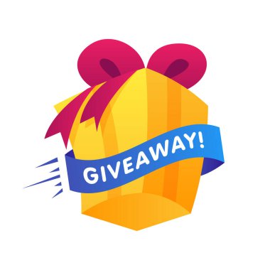 Beyaz arka planda kurdeleli Giweawey hediye kutusu. Sosyal medya iletisi ya da web sitesi afişi için poster tasarımı kazanmak için hediye girişi. Vektör illüstrasyonu