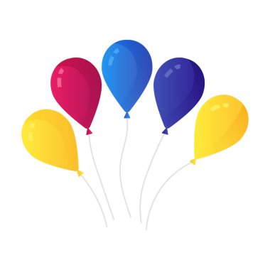 Bir grup hava balonu, beyaz arka planda izole edilmiş kurdeleli bir grup top. Renkli. Mutlu yıllar, tatiller, parti konsepti. Vektör düz çizim. Kutlama ya da büyük açılış konsepti