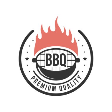 Barbekü ve ızgara etiketi. Bbq amblemi ve rozet tasarımı. Restoran menüsü logo şablonu. Vektör illüstrasyonu.