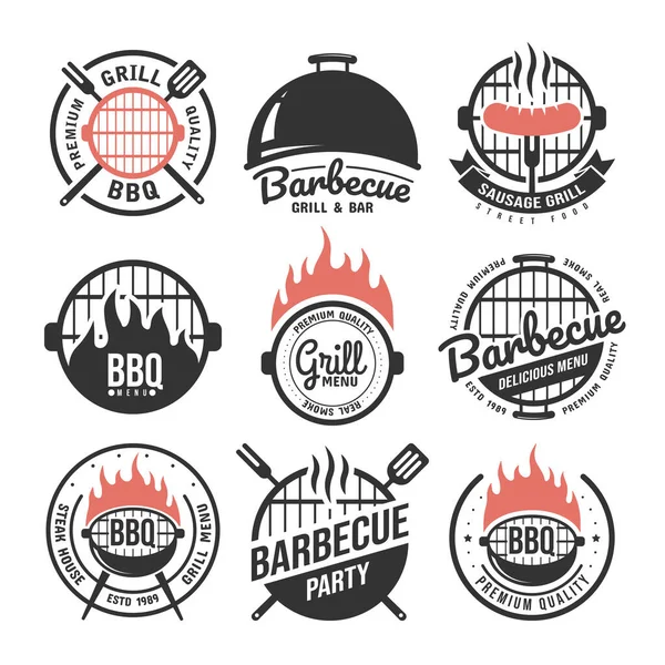 Barbecue and grill labels set. BBQ emblems and badges collection. Restaurant menu design elements. Vector illustration — Stock Vector