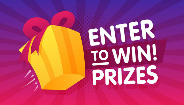 Enter to win prizes gift box. Шаблон баннера в стиле мультфильма. Векторная иллюстрация
