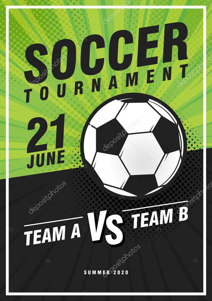 Soccer tournament retro pop art sports posters design. Vector illustration. Soccer flyer design template