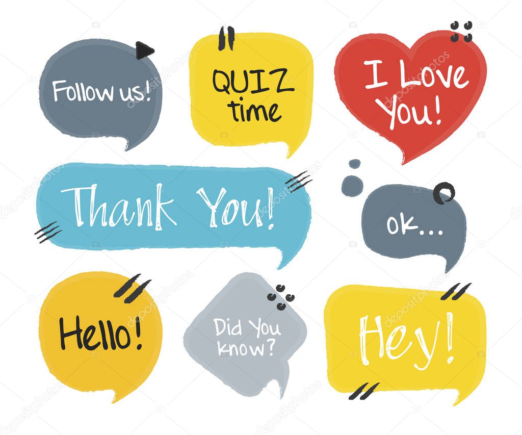 Hand drawn set of speech bubbles with handwritten short phrases hey, thank you, hello, ok, i love you, quiz time, follow us, did you know. Vector illustration