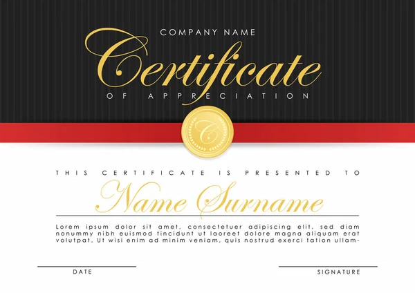 Modelo de certificado em cores azuis escuras elegantes com medalha de ouro. Certificado de apreciação, modelo de design de diploma de prêmio . — Vetor de Stock