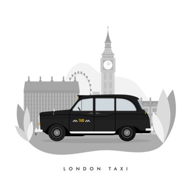 Ticari ulaşım Londra klasik siyah taksi üzerindeki vektör modern düz tasarım web simgesi, izole edilmiş, yan görüş. Retro hackney taşıma siyah taksi otomobili. Londra sokağı büyük Ben arka planı