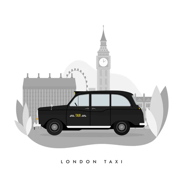 Vektor modern platt design webbikon på kommersiella transporter London klassiska svart taxi hytt, isolerad, sidovy. Retro hackney vagn svart taxi bil. London street big ben bakgrund — Stock vektor