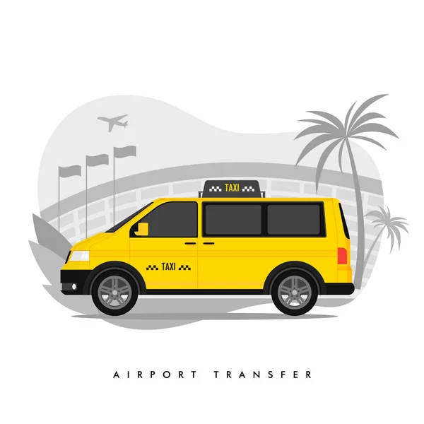 Serviços de transporte Flat Vector Ilustração desenhos animados. Transferência. Táxi equitação na estrada, edifício do aeroporto, avião tirando desenho isolado. Terminal. Paisagem urbana. Aluguer de Transportes. Automóvel, Cab —  Vetores de Stock