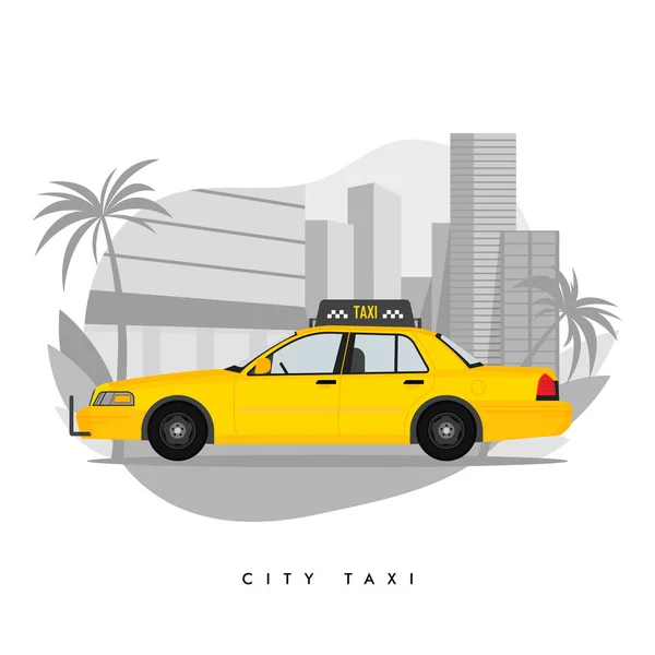 Vektor illustration av gul taxi hytt på stad med skyskrapor och torn med palmer — Stock vektor