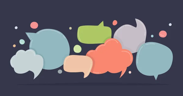 Speech bubbles doodle in different colors isolated on dark background. Chat banner template. Discussion concept. Vector illustration — Stock Vector