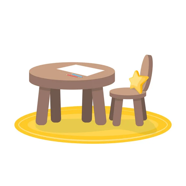 Gyerekzóna, kis asztal és szék festéshez, gyerekek kreativitása. Elszigetelt illusztráció fehér alapon — Stock Vector