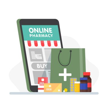 Çevrimiçi eczane pankartı, akıllı telefon, kese kağıdı, hap, şişe, ampul. Çevrimiçi eczane konsepti ve fotokopi alanı. İniş sayfaları, reklamlar, uygulamalar için tıbbi afiş.