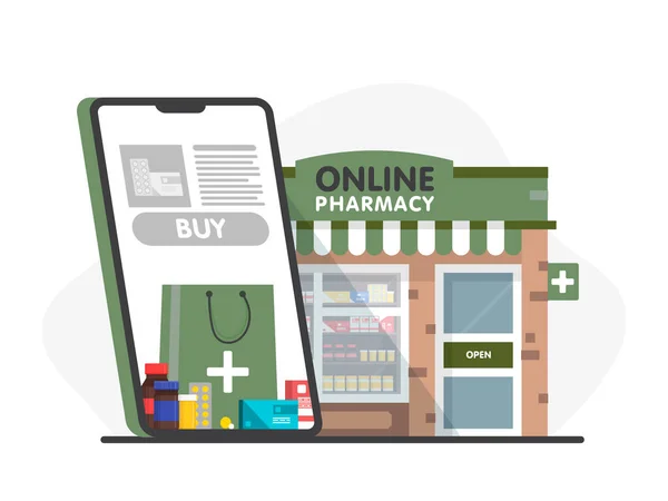 Mobile Phone Internet Pharmacy Shopping App Pharmacy Shop Facade Medical — Stock Vector