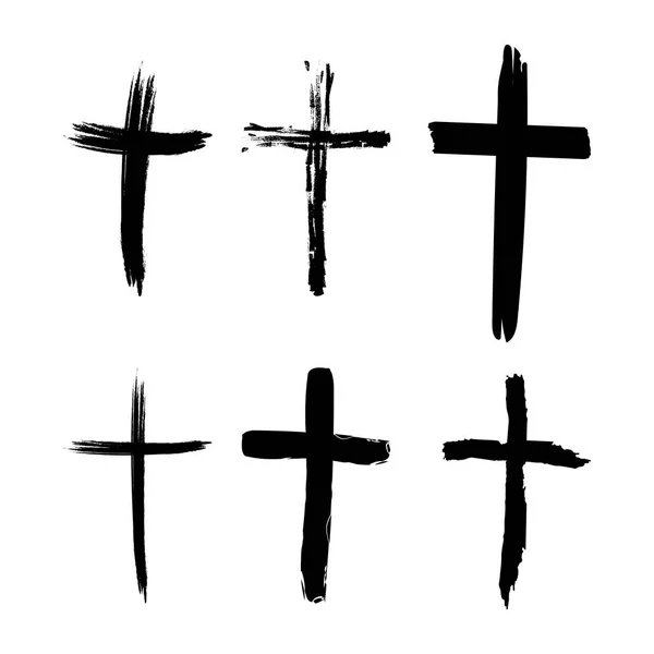 Uppsättning Handritade Svarta Grunge Kors Ikoner Samling Enkla Kristna Kors — Stock vektor