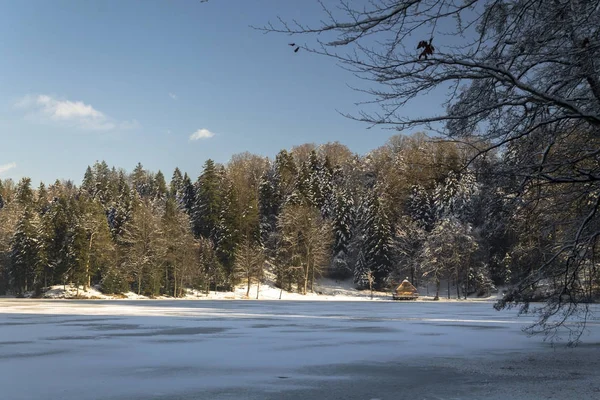Casa en un lago congelado en invierno —  Fotos de Stock