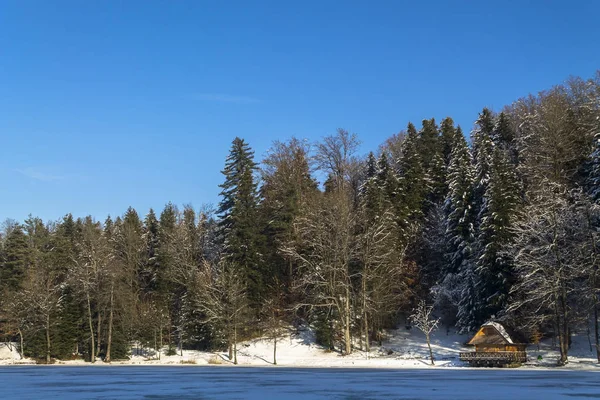 Haus am zugefrorenen See im Winter — Stockfoto