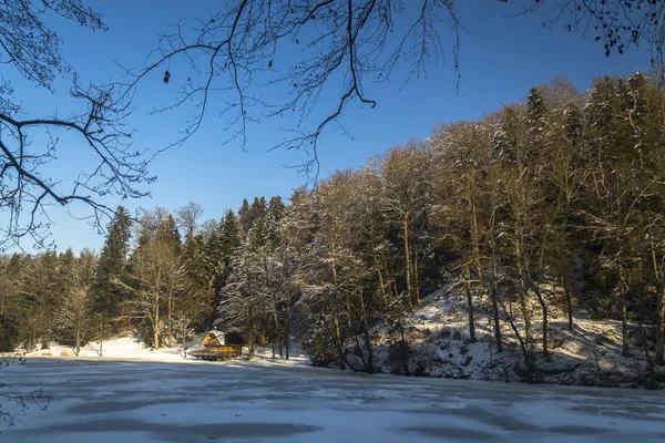 Haus am zugefrorenen See im Winter — Stockfoto