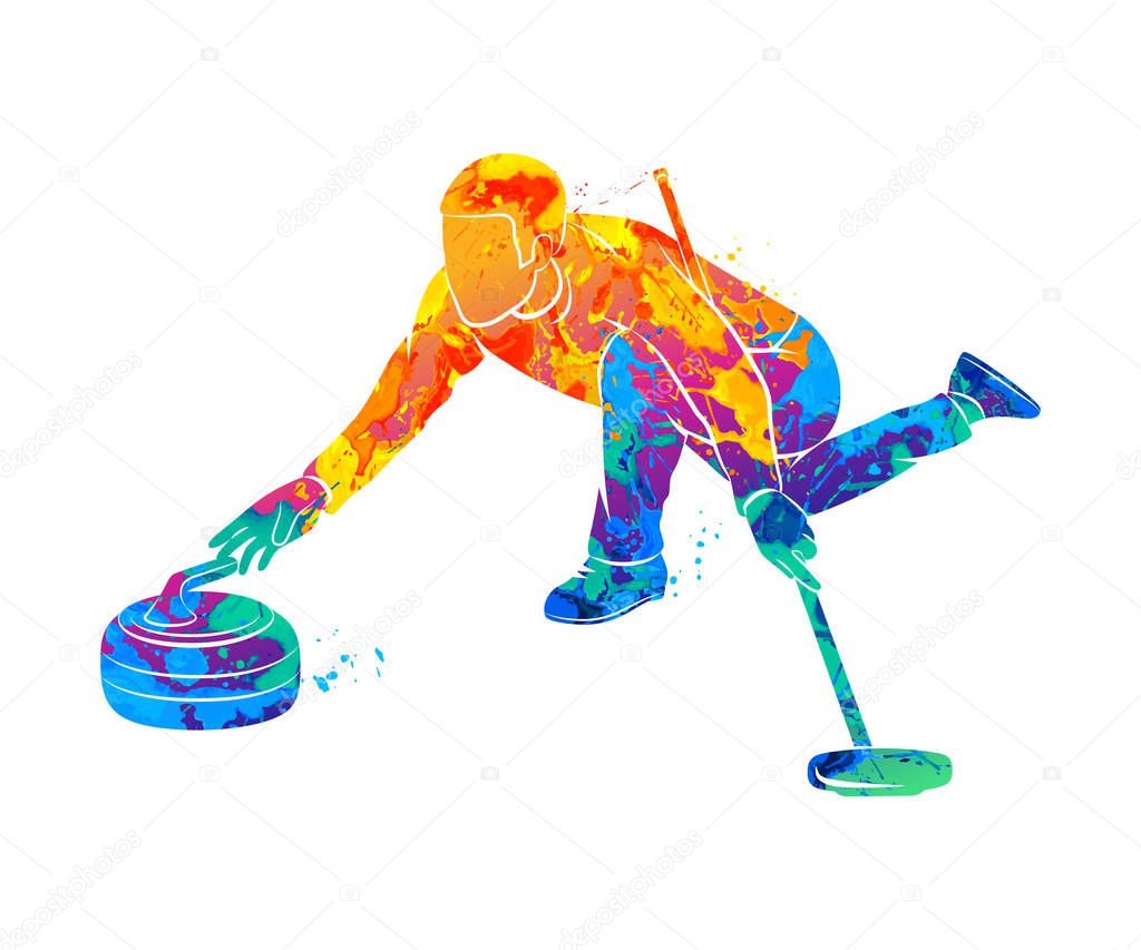 Abstract the game of curling from splash of watercolors. Curler. Vector illustration of paints.