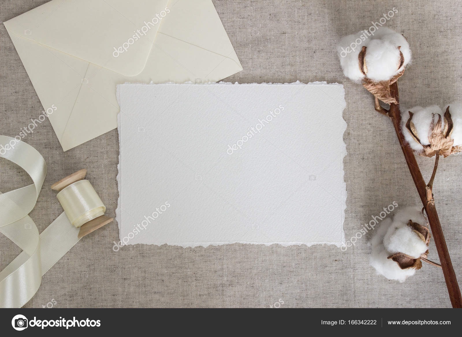 Download Torn Edge Paper Card On Linen Cloth With Cotton Flowers And Silk Ribbon Wedding Stationery Mockup Calligraphy Template Invitation Stock Photo By C Maddyz 166342222