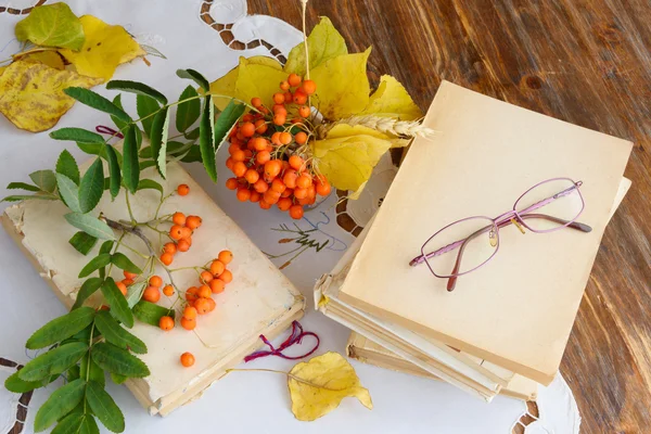 Gafas, libros antiguos, hojas de otoño y remo sobre la mesa —  Fotos de Stock