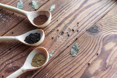 Tahta kaşıklarda çeşitli baharatlar.