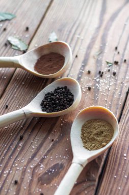 Tahta kaşıklarda çeşitli baharatlar.