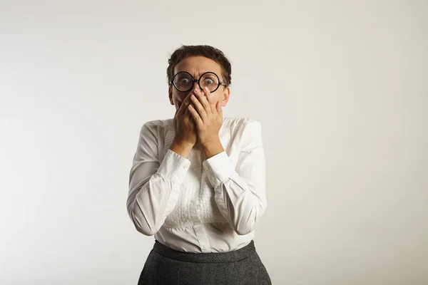 Frightened teacher in white blouse — Stock fotografie