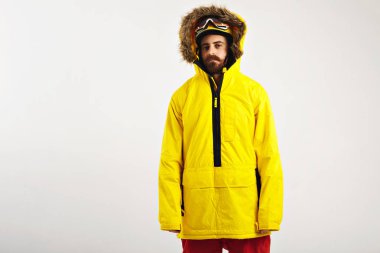 Snowboard gösteren parlak anorak ceket