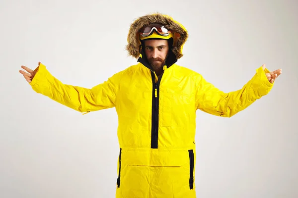 Snowboarder demonstrando casaco anorak brilhante — Fotografia de Stock