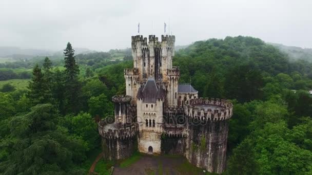 Sprookjeskasteel in midden van mysterieuze bos — Stockvideo