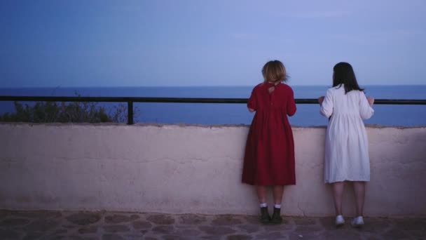Дві подружки дивляться захід сонця над морем — стокове відео