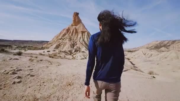Vysoké turistické procházky přes poušť na horký slunečný den — Stock video