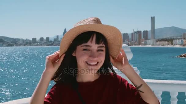 Excited brunette adventures in summer holidays — Stock Video