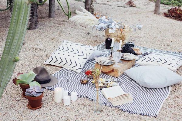 Romantic picnic in park in bohemian style — Stock Photo, Image