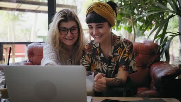 Presentación de negocios y charlas de amigos en cafetería — Vídeos de Stock