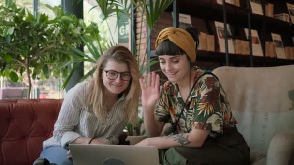 Présentation d'affaires et entretiens d'amis dans un café — Video