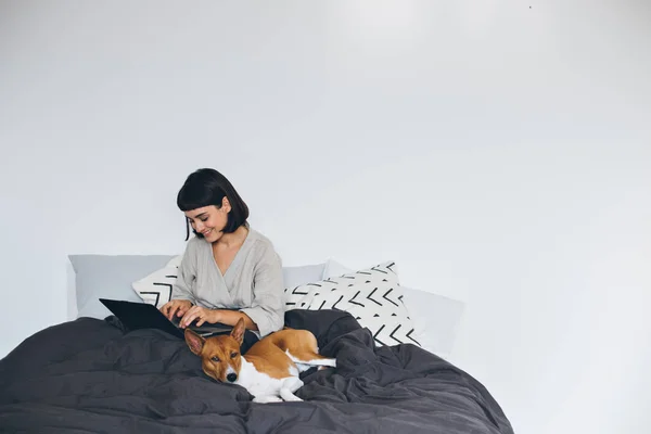 Kobieta pracuje w łóżku z psem — Zdjęcie stockowe
